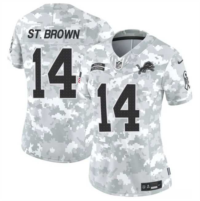 Womens Detroit Lions #14 Amon-Ra St. Brown 2024 F.U.S.E Arctic Camo Salute To Service Limited Stitched Jersey Dzhi